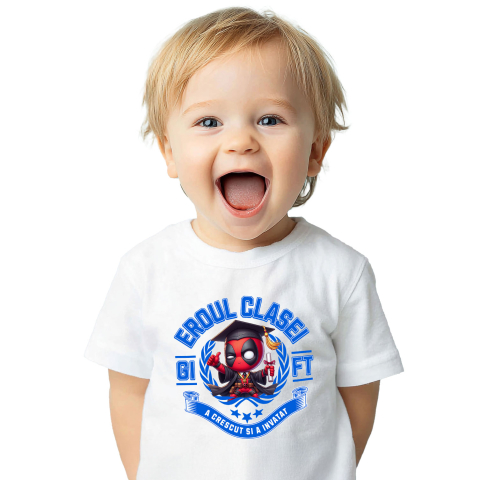 Educatie - Tricou Copii cu  Deadpool – Curaj, Joaca, Cunoastere 100% Bumbac, Alb, 10 Ani