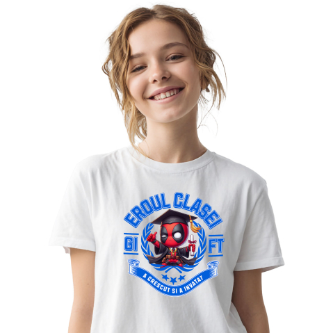 Tricou Copii cu  Deadpool – Curaj, Joaca, Cunoastere 100% Bumbac, Alb, 10 Ani [1]