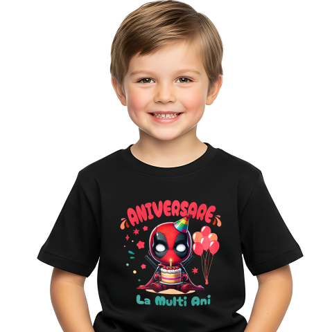 Aniversare - Tricou Copii cu Deadpool Iti Aduca... Probleme la Petrecere 100% Bumbac, Negru, 10 Ani