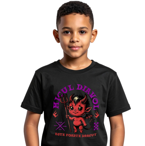 Halloween - Tricou Femei, Barbati, Copii, Fata, Baiat, Unisex Personalizat Diavol Cu Furca și Mesaj „Micul Diavol Este Foarte Drăguț” pentru Halloween | Cadou Personalizat pentru Copii