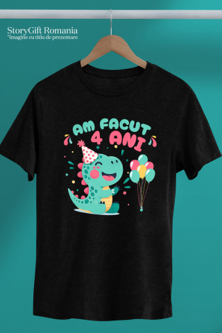 Tricou Femei, Barbati, Copii, Fata, Baiat, Unisex Personalizat Dinozaur cu Coif și Baloane - Aniversare 4 Ani Petrecere Copii [2]