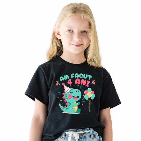 Tricou Femei, Barbati, Copii, Fata, Baiat, Unisex Personalizat Dinozaur cu Coif și Baloane - Aniversare 4 Ani Petrecere Copii [1]