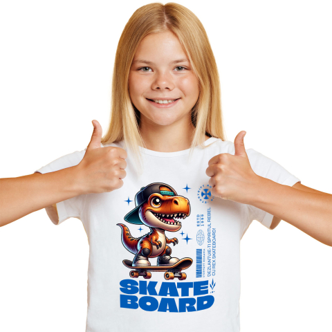 Tricou Femei, Barbati, Copii, Fata, Baiat, Unisex Personalizat Dinozaur Skateboard Cu Șapcă – Design Urban Vesel [1]