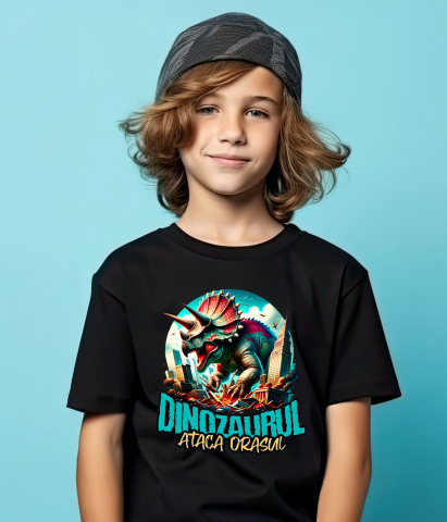 Tricou Femei, Barbati, Copii, Fata, Baiat, Unisex Personalizat Dinozaur Fioros Atacă Orașul 3D - Cadou Personalizat pentru Copii și Tati [3]