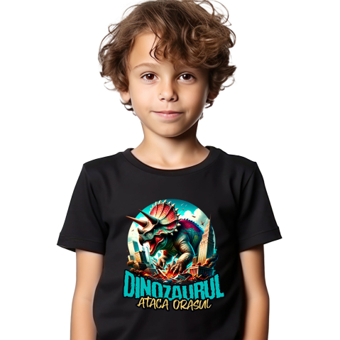 Tricou Femei, Barbati, Copii, Fata, Baiat, Unisex Personalizat Dinozaur Fioros Atacă Orașul 3D - Cadou Personalizat pentru Copii și Tati [1]