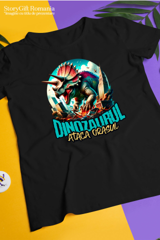 Tricou Femei, Barbati, Copii, Fata, Baiat, Unisex Personalizat Dinozaur Fioros Atacă Orașul 3D - Cadou Personalizat pentru Copii și Tati [4]