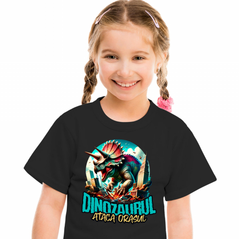 Tricou Femei, Barbati, Copii, Fata, Baiat, Unisex Personalizat Dinozaur Fioros Atacă Orașul 3D - Cadou Personalizat pentru Copii și Tati