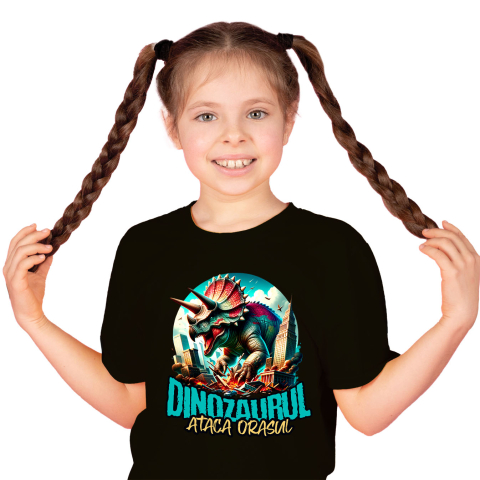 Animale - Tricou Femei, Barbati, Copii, Fata, Baiat, Unisex Personalizat Dinozaur Fioros Atacă Orașul 3D - Cadou Personalizat pentru Copii și Tati