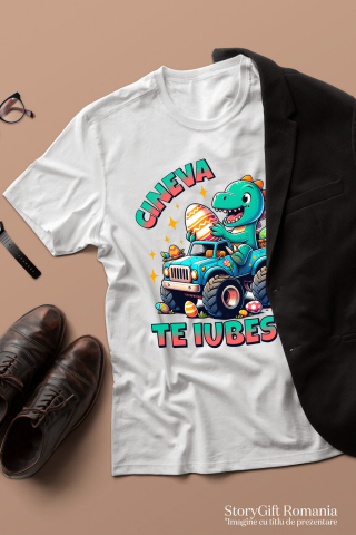 Tricou Femei, Barbati, Copii, Fata, Baiat, Unisex Personalizat "Dinozaur Vesel în Mașină de Teren cu Oua Colorate – Cineva te Iubește, Cadou Paște" [2]