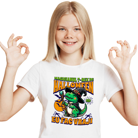 Halloween - Tricou Femei, Barbati, Copii, Fata, Baiat, Unisex Personalizat Dinozaur Vrăjitor T-rex cu Pălărie și Baghetă | Cadou Halloween pentru Copii | Decor Tematic