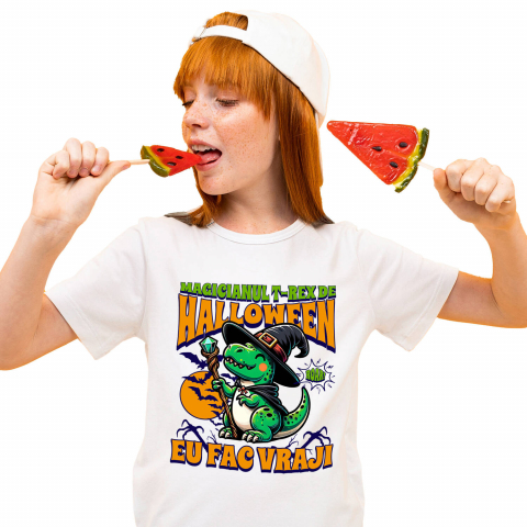 Tricou Femei, Barbati, Copii, Fata, Baiat, Unisex Personalizat Dinozaur Vrăjitor T-rex cu Pălărie și Baghetă | Cadou Halloween pentru Copii | Decor Tematic [1]