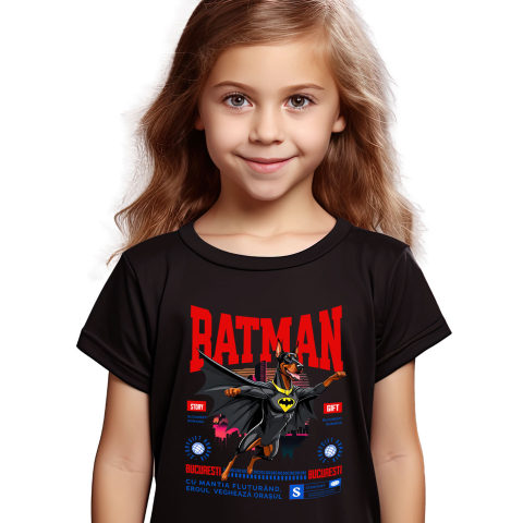 Tricou Femei, Barbati, Copii, Fata, Baiat, Unisex Personalizat Doberman Pinscher în Costum de Batman – Supererou Impunător pentru Iubitorii de Câini și Copii