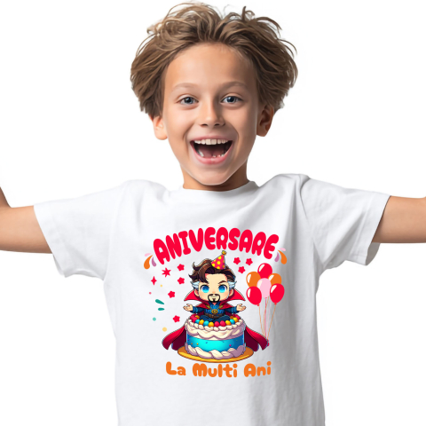 Aniversare - Tricou Copii cu Doctor Strange La Multi Ani – Surprize Magice 100% Bumbac, Alb, 12 Ani
