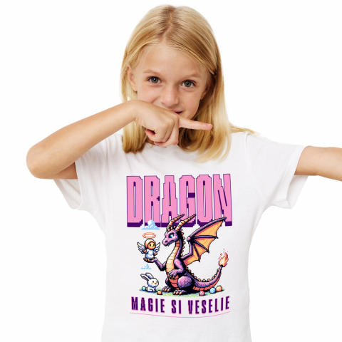 BASME - Tricou Femei, Barbati, Copii, Fata, Baiat, Unisex Personalizat Dragon Mov Animat cu Înger și Iepure - Cadouri Personalizate Magice și Vesele