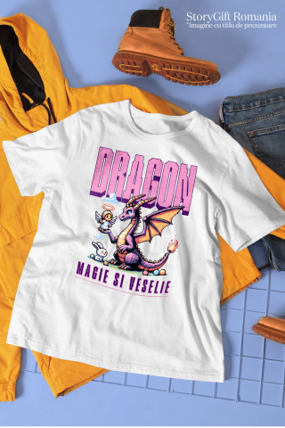 Tricou Femei, Barbati, Copii, Fata, Baiat, Unisex Personalizat Dragon Mov Animat cu Înger și Iepure - Cadouri Personalizate Magice și Vesele [2]