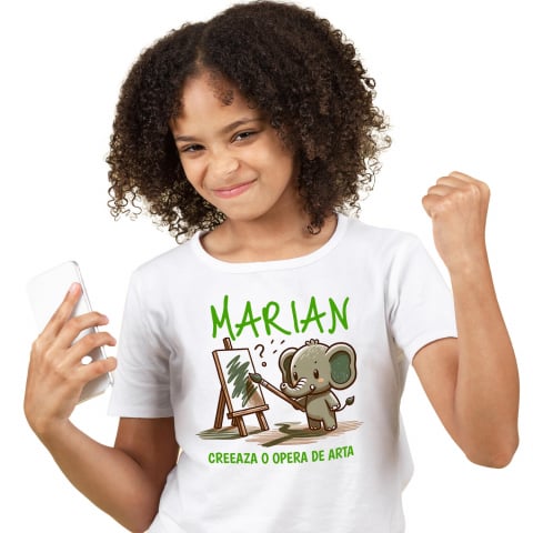 ANIMALE - Tricou Femei, Barbati, Copii, Fata, Baiat, Unisex Personalizat „Cadouri personalizate cu elefant pui artistic pe tablou canvas – Artă creată de Marian”