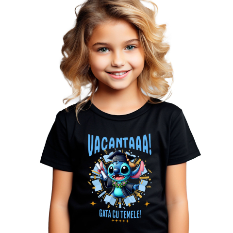 Educatie - Tricou Copii cu Explorari de Vacanta cu Stitch si Diplome 100% Bumbac, Negru, 8 Ani