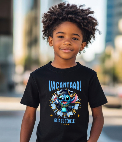 Tricou Copii cu Explorari de Vacanta cu Stitch si Diplome 100% Bumbac, Negru, 8 Ani [3]