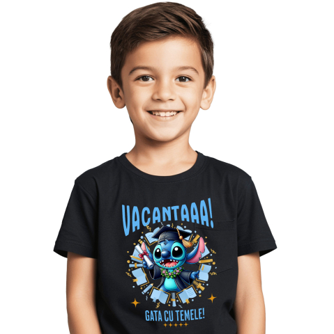 Tricou Copii cu Explorari de Vacanta cu Stitch si Diplome 100% Bumbac, Negru, 8 Ani [1]