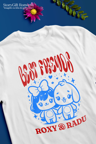 Tricou Femei, Barbati, Copii, Fata, Baiat, Unisex Personalizat Cadouri personalizate – Fata cu fundă și câinele Best Friends Roxy și Radu [2]