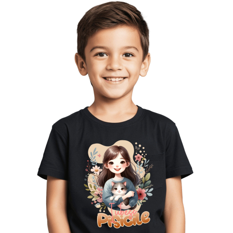 Tricou Femei, Barbati, Copii, Fata, Baiat, Unisex Personalizat Decor Personalizat - Fată cu Pisică Pufoasă și Mesaj „Iubesc Pisicile” [1]