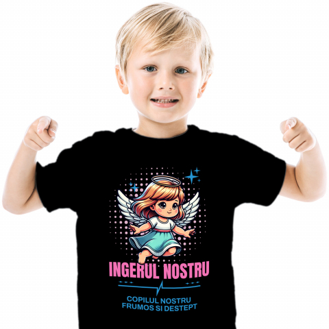 Tricou Femei, Barbati, Copii, Fata, Baiat, Unisex Personalizat Fata Înger cu Aripi și Coroană – Cadou Personalizat „Copilul Nostru Frumos și Deștept” pentru Fetițe