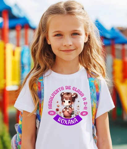 Tricou Femei, Barbati, Copii, Fata, Baiat, Unisex Personalizat Fată Școlăriță cu Breton și Rucsac Personalizat „Absolvent de Clasa a 2-a Roxana” - Cadou Educațional [2]