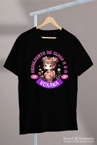 Tricou Femei, Barbati, Copii, Fata, Baiat, Unisex Personalizat Fată Școlăriță cu Breton și Rucsac Personalizat „Absolvent de Clasa a 2-a Roxana” - Cadou Educațional [2]