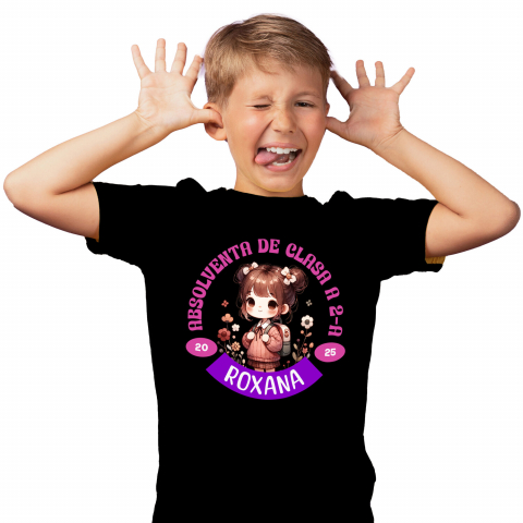 EDUCATIE - Tricou Femei, Barbati, Copii, Fata, Baiat, Unisex Personalizat Fată Școlăriță cu Breton și Rucsac Personalizat „Absolvent de Clasa a 2-a Roxana” - Cadou Educațional