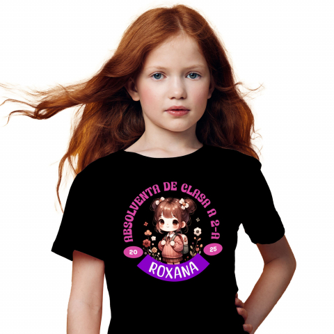 Tricou Femei, Barbati, Copii, Fata, Baiat, Unisex Personalizat Fată Școlăriță cu Breton și Rucsac Personalizat „Absolvent de Clasa a 2-a Roxana” - Cadou Educațional [1]