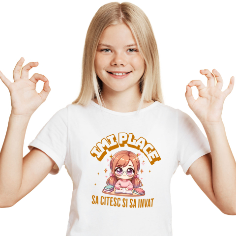 Educatie - Tricou Femei, Barbati, Copii, Fata, Baiat, Unisex Personalizat Tricou Personalizat Fata Anime – "Imi Place Sa Citesc si Sa Invat" | Cadou Educativ pentru Iubitori de Carti