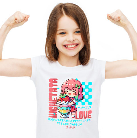 Mancare - Tricou Femei, Barbati, Copii, Fata, Baiat, Unisex Personalizat Cadou personalizat pentru iubitorii de milkshake | Fata anime cu pahar imens de milkshake și căpșună