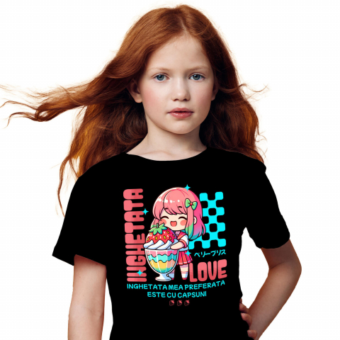 MANCARE - Tricou Femei, Barbati, Copii, Fata, Baiat, Unisex Personalizat Cadou personalizat pentru iubitorii de milkshake | Fata anime cu pahar imens de milkshake și căpșună