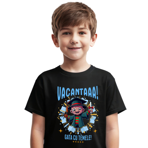Educatie - Tricou Copii cu Freddy Krueger si Aventurile Diplomei de Vacanta 100% Bumbac, Negru, 8 Ani
