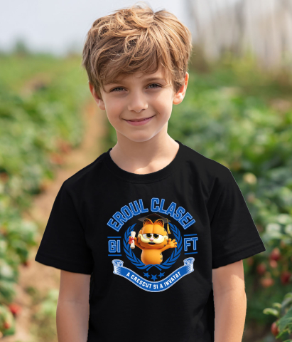 Tricou Copii cu Garfield Erou – Aventuri La Scoala 100% Bumbac, Negru, 8 Ani [3]