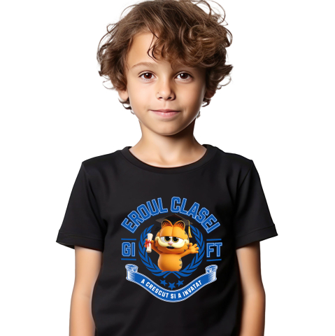 Tricou Copii cu Garfield Erou – Aventuri La Scoala 100% Bumbac, Negru, 8 Ani [1]