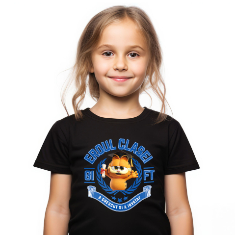 Educatie - Tricou Copii cu Garfield Erou – Aventuri La Scoala 100% Bumbac, Negru, 8 Ani
