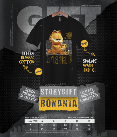Tricou Copii cu Garfield – Misiune Vesela cu Pisicuta 100% Bumbac, Negru, 12 Ani [5]