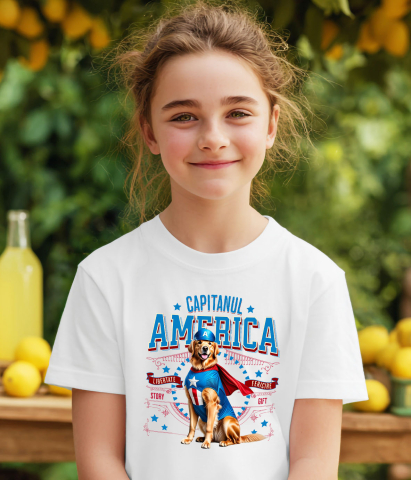 Tricou Femei, Barbati, Copii, Fata, Baiat, Unisex Personalizat Golden Retriever în Costum Captain America cu Pelerină - Cadou Personalizat pentru Copii și Iubitorii de Câini [2]