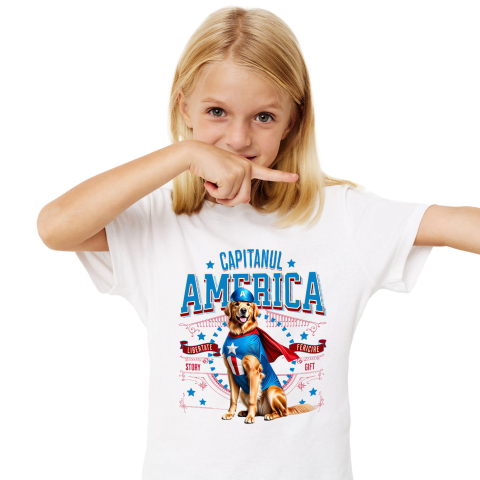 SuperEroi si Personaje TV - Tricou Femei, Barbati, Copii, Fata, Baiat, Unisex Personalizat Golden Retriever în Costum Captain America cu Pelerină - Cadou Personalizat pentru Copii și Iubitorii de Câini