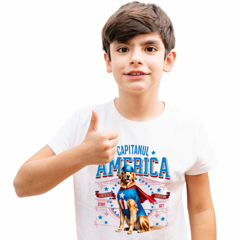 Tricou Femei, Barbati, Copii, Fata, Baiat, Unisex Personalizat Golden Retriever în Costum Captain America cu Pelerină - Cadou Personalizat pentru Copii și Iubitorii de Câini [1]