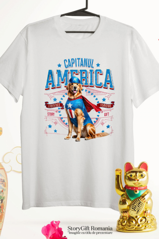 Tricou Femei, Barbati, Copii, Fata, Baiat, Unisex Personalizat Golden Retriever în Costum Captain America cu Pelerină - Cadou Personalizat pentru Copii și Iubitorii de Câini [2]