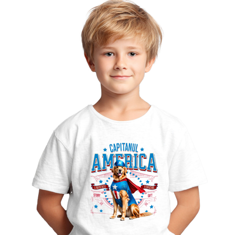 Tricou Femei, Barbati, Copii, Fata, Baiat, Unisex Personalizat Golden Retriever în Costum Captain America cu Pelerină - Cadou Personalizat pentru Copii și Iubitorii de Câini [1]