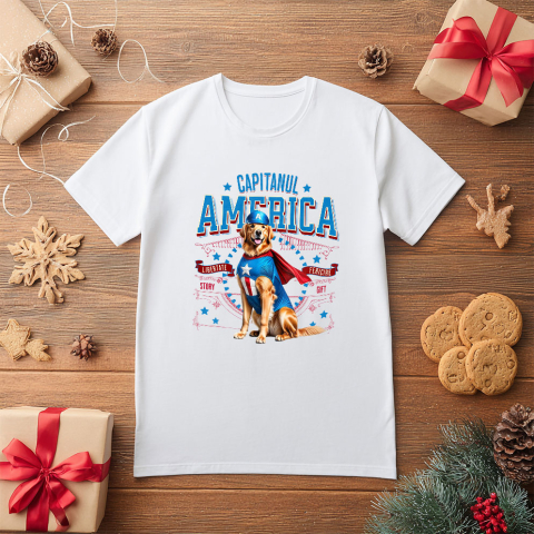 Tricou Femei, Barbati, Copii, Fata, Baiat, Unisex Personalizat Golden Retriever în Costum Captain America cu Pelerină - Cadou Personalizat pentru Copii și Iubitorii de Câini [4]