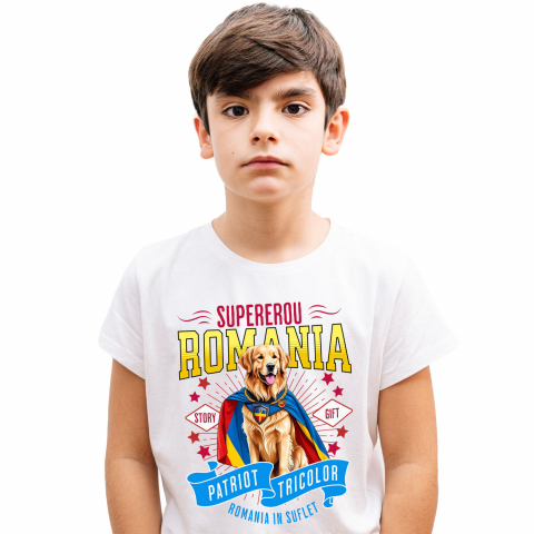 Cadouri Pentru Copii - Tricou Femei, Barbati, Copii, Fata, Baiat, Unisex Personalizat Golden Retriever Supererou – Costum Căpitan România, Cadou Personalizat