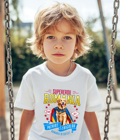 Tricou Femei, Barbati, Copii, Fata, Baiat, Unisex Personalizat Golden Retriever Supererou – Costum Căpitan România, Cadou Personalizat [3]