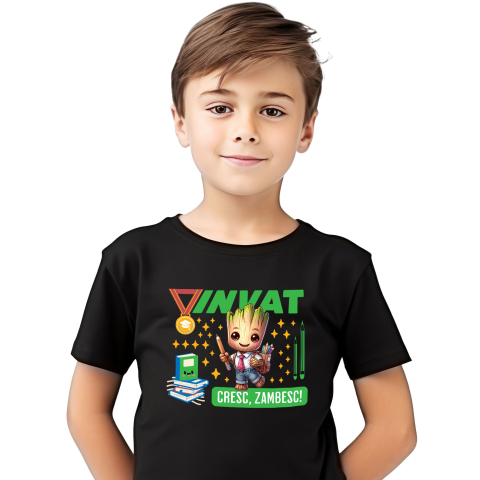 Educatie - Tricou Copii cu Groot Invatam, Zambim, Ne Dezvoltam 100% Bumbac, Negru, 6 Ani