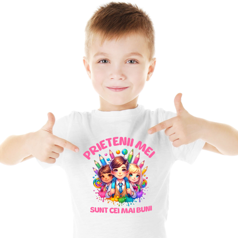 Tricou Femei, Barbati, Copii, Fata, Baiat, Unisex Personalizat Copii Gata De Școală - Creioane Colorate și Prieteni La Învățătură [1]