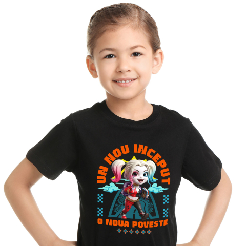 Educatie - Tricou Copii cu Harley Quinn – Primii Pași Spre Cunoaștere 100% Bumbac, Negru, 12 Ani