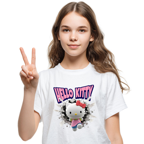 Tricouri - Tricou Copii cu Hello Kitty: Cadru Plin de Poveste 100% Bumbac, Alb, 8 Ani